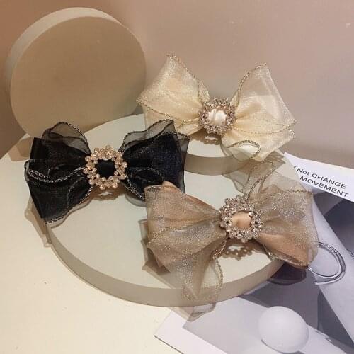 Super Flash Rhinestone Hairpin for Women Bright Silk Snow Yarn Three-dimensional Double Bow Spring Clip Korean Hair Accessories
