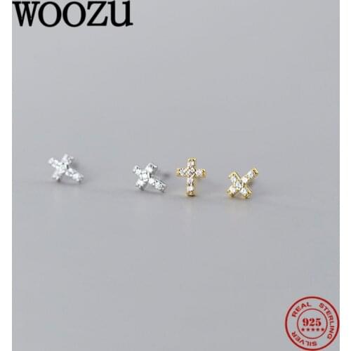 WOOZU Real 925 Sterling Silver Mini Simple Cross Zircon Stud Earrings For Women Party Korean Teen Punk Jewelry Gift Accessories