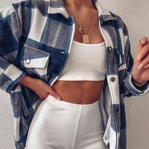 Women Wool Blend Plaid Overshirt Jacket Long Sleeve Plaid Lapel Neck Coat Oversize Flap Pockets Button Jackets Tops woolen coat