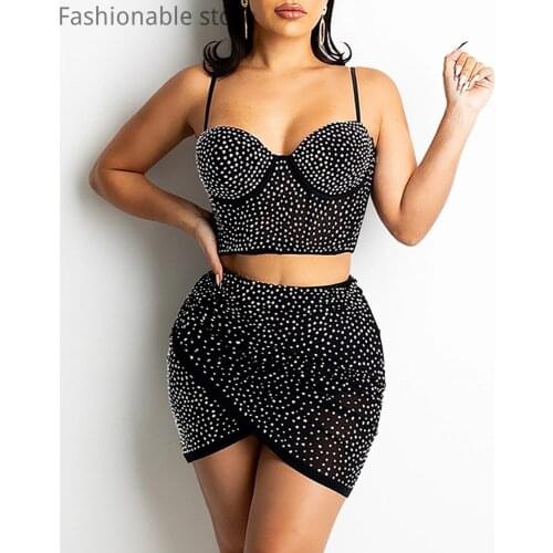 Women Studded Sleeveless Spaghetti Strap Crop Top & Skirt 2 Piece Sets