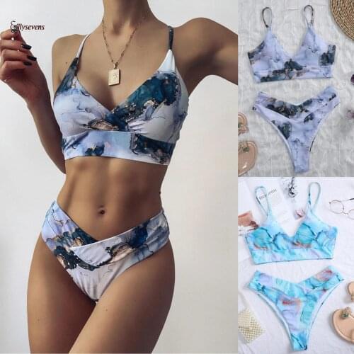 Two Piece Women Swimsuit Push Up High Cut Bikini 2021 Hight Waist Bikini Set Water Color Swimsuit Traje De Baño Mujer