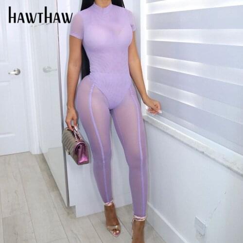 Hawthaw Wome Summer Short Sleeve Bodycon Bodysuit Long Pants Mesh See Through Two Pieces Set 2021 Female Clothng Streetwear