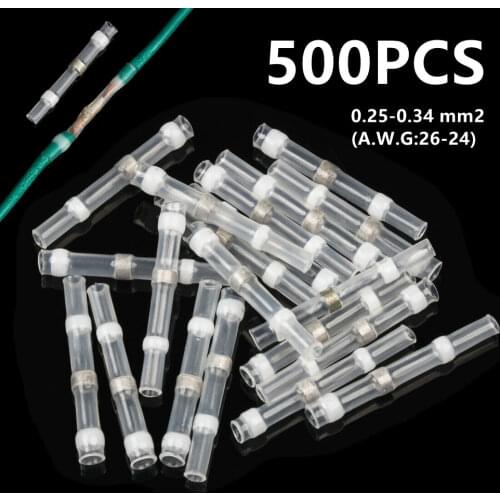 500/300/100x White Heat Shrink Wire Connector Waterproof Insulated Butt Wire Sleeve AWG26-24 Tinned Copper Solder Seal Terminal