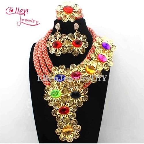 African beads jewelry sets Crystal Statement Necklace Set Mix Flower nigerian wedding bridal beads Jewelry Set E1070