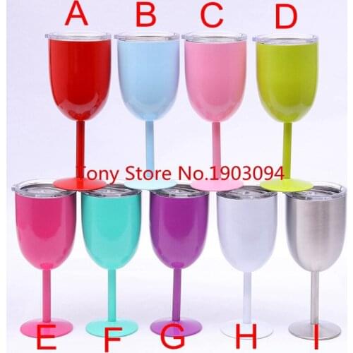 10pcs 9 color 10oz Wine Glasses Double Wall Vacuum Sealed Stainless Steel Wine Goblet with Lids for Daily Camping cups