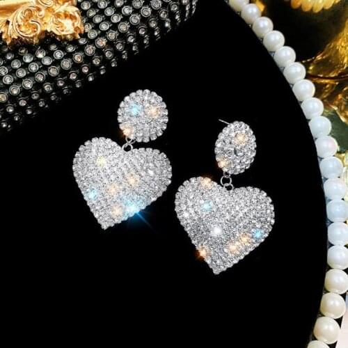 Trendy Circle Big Love Heart Earrings Rhinestone Double Heart Geometric Earrings For Women Long Statement Earrings
