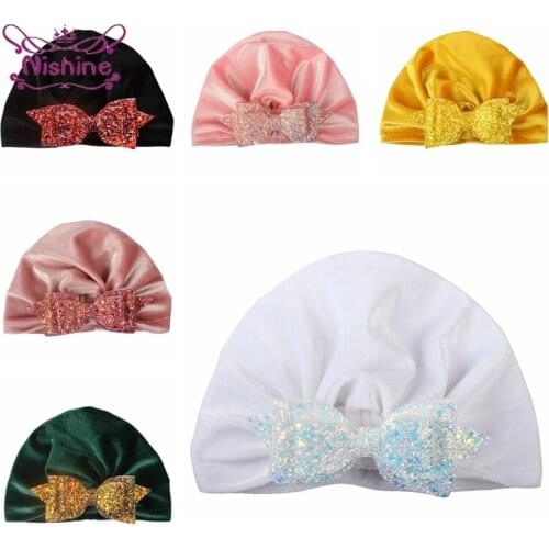 Colorful Glitter Sequins Bows Baby Hats Fashion Autumn and Winter Warm Newborn Turban Caps Soft Gold Velvet Headwear Kids Gifts