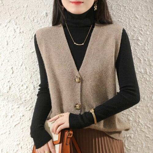 Loose V-neck Women Sleeveless Cardigans 100% Pure Australian Wool Knitted Jackets 2021 Winter Soft Warm Sweaters