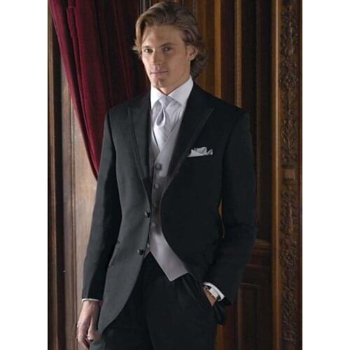 Hot Sales Black Business Men Suits, Bespoke Classic Black Wedding Suits With silver Vest For Men, Tailor Made Groom Tuxedos