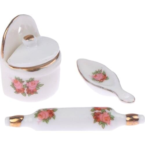 3pcs 1/12 Miniature Dollhouse Kitchen Tool Set Mini Rolling Pin+ Seasoning Cans For Kitchen Decor Children Pretend Play Toys