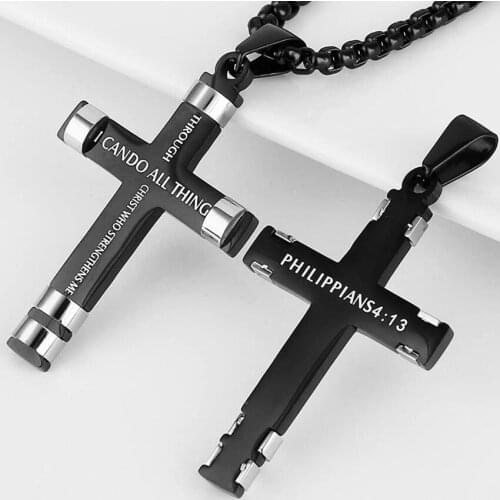 Fashion Philippians 4:13 Cross Pendant STRENGTH Bible Verse Stainless Steel Necklace 3 Colors Available