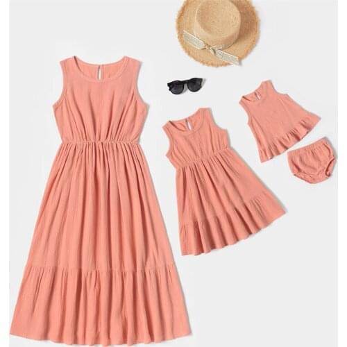 Family Matching Outfits Summer Pink Stitching Sleeveless Mother Daughter Parent Child Dresses Baby Girl Mommy Kids Home Clothes