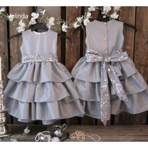 Sleeveless Grey Girl Dresses with Treble Tiered Skirt
