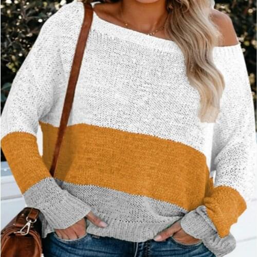 2020 Casual Fashion Autumn Womens Sweater Street Style Pullover Sweater Contrast Hit-color Long-sleeve Sexy Strapless Sweater