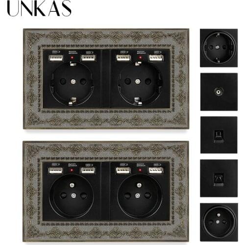 UNKAS EU French Socket Dual USB Port + TV RJ11 Telephone RJ45 Internet Computer Jack Black 4D Embossing Panel Retro Zinc Outlet