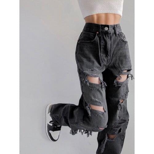 WeiYao Vintage Ripped Hole Jeans Women Baggy Cut Out High Waist Denim Pants Summer Korean y2k Streetwear Fashion Straight Jeans