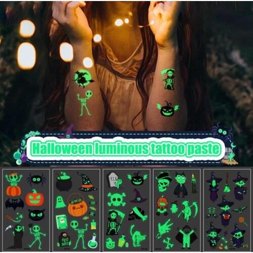 10 Pcs Halloween Temporary Tattoos Stickers Fluorescent Cartoon Luminous Tattoo Stickers Glowing in Dark Tattoo Stickers