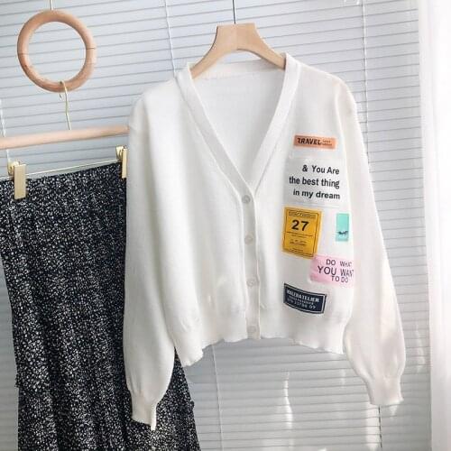 Knitted Cardigan Women Coat Spring New Korean Style Long Sleeve Loose Letter Knitwear Cárdigans Short Tops Female Clothes G1276