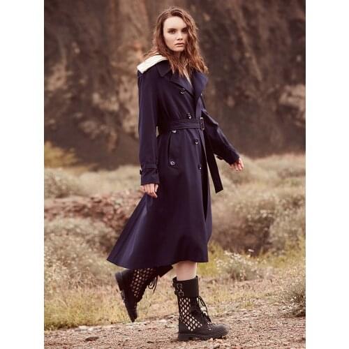 South Korea worsted design windbreaker womens medium length 2021 new spring and autumn hanging feeling Navy Blue silhouette