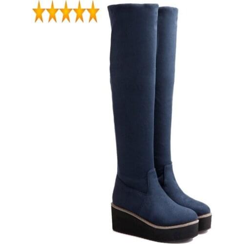 Faux Stretchy Womens Suede Platform Over The Knee Boots Slim Fit Elegant Lady Shoes Botas Feminina Round Toe Slip On Footwear