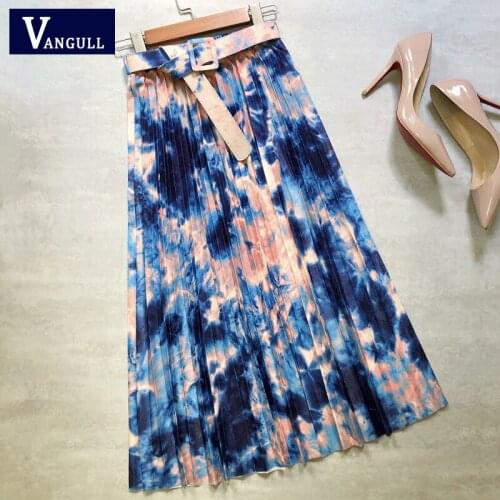 Vangull Tie Dye Women Midi Skirts Starry Printing Ink Belt Pleated Skirts Female High Waist Sashes Elegant Mid Calf Long Skirts