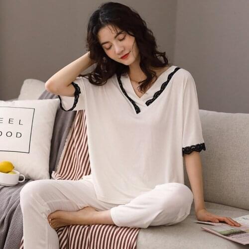 Womens Pajamas Sets Summer Korean Casual Nightwear Short Sleeve Trousers Nightgown Modal Home Wear 2Pcs Suit Female Sleepwear