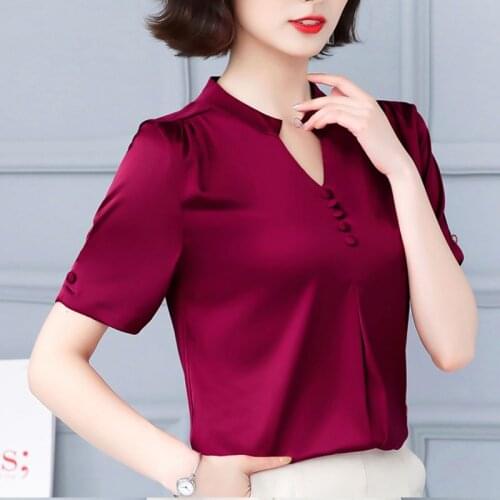 2021 Summer Fashion Women Tops Short Sleeve Casual Ladies Tops Office Lady Button V-neck Solid Elegant Women Clothing 5379