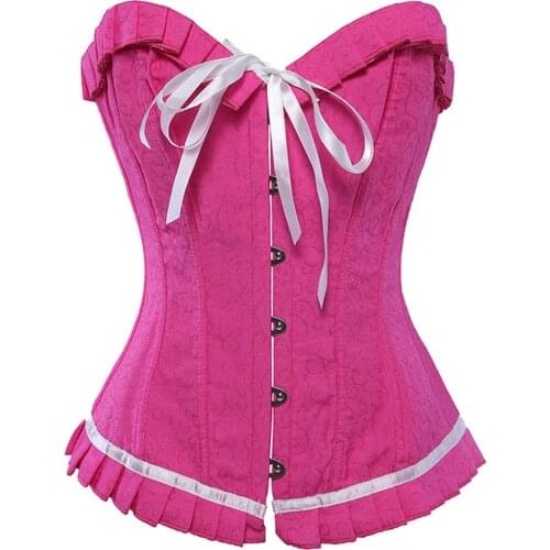 Womens Victorian Pink Gothic Boned Lace up Corset Waist Cincher Pleated Lace Bustier Ruffle Trim Clothing Female Korse