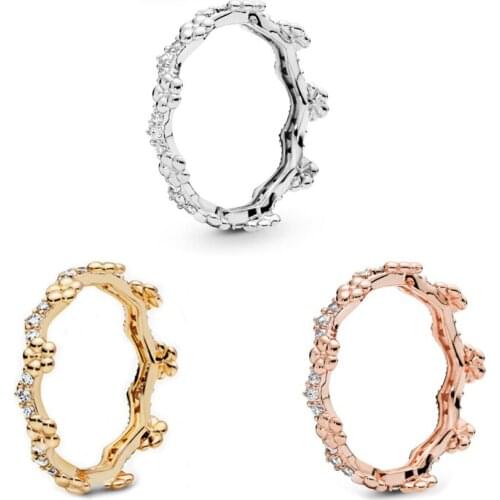 Flower Crown Ring Spring Silver 925 Jewelry Silver Rings for Women Pave Stones Rose Golden & Golden Shine Styles Female Rings