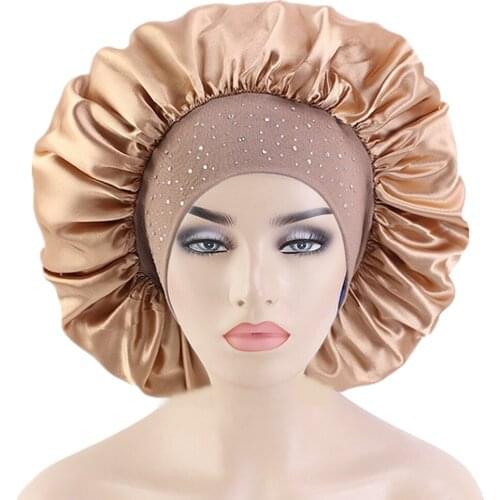 Satin Bonnet Hair Caps Drill Elastic Band Sleep Night Cap Head Cover Hat For Curly Springy Hair Styling Accessories