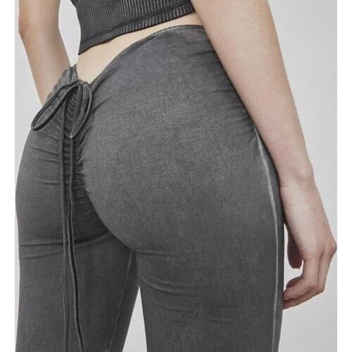 Vintage Flared Pants for Women Bandage Elastic Waist Slim Skinny Ladies Trousers Drawstring Office Female Pants Streetwear