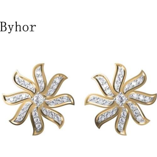 Byhor Solid 14K White/Yellow+White/Rose+White Gold 0.596ct H/SI Natural Diamonds Stud Earrings Women Flower Cерьги Fine Jewelry