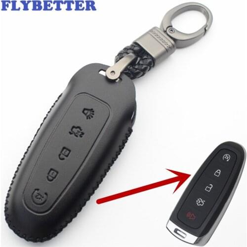 FLYBETTER Genuine Leather 5Button Smart Key Case Cover For Ford/C-max/Edge/Explorer/Escape/Focus/Expedition/Taurus L339