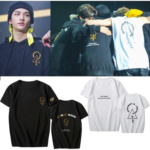 KPOP Stray Kids Concert District 9 Unlock Cotton Round Neck Letter Print Black White T-Shirt Felix Bang Chan Couple Clothes G41
