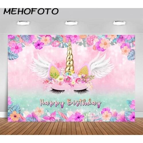 MEHOFOTO Unicorn Backdrop Pink Purple Flower Unicorn Photo Background Unicorn Themed Party Banner Photography Backdrops