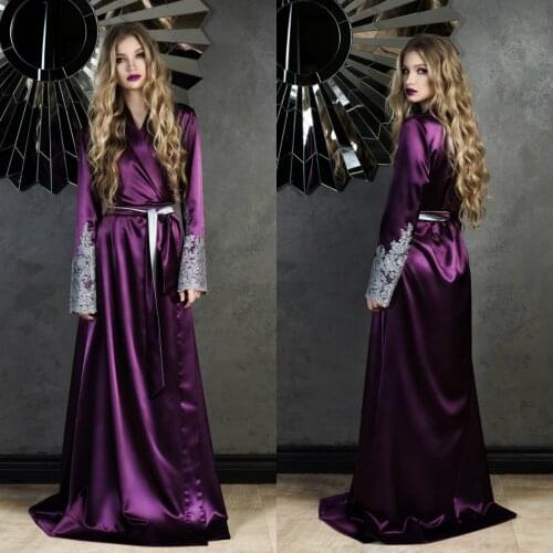 Women Kimono Robes Satin Lightweight Robe Purple Lace Bathrobe Soft Sleepwear Ladies Loungewear Robe