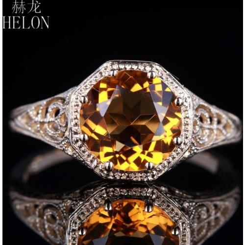 HELON 7.5mm Round 100% Genuine Citrine Silver 925 Engagement Wedding Ring Women Jewelry Vintage Antique Solitaire Gemstone Ring