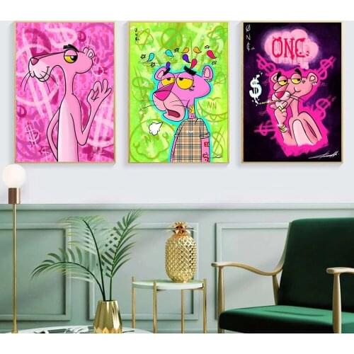 Canvas Printed Pink Panthers Graffiti Canvas Painting Cartoon Animal Wall Art Posters Prints Wall Pictures for Kids Room