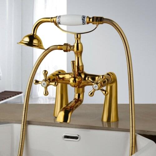 Gold Color Brass Deck Mounted Bathroom Clawfoot Bathtub Faucet & Hand Shower Basin Sink Mixer Tap & Hand Shower Ntf785