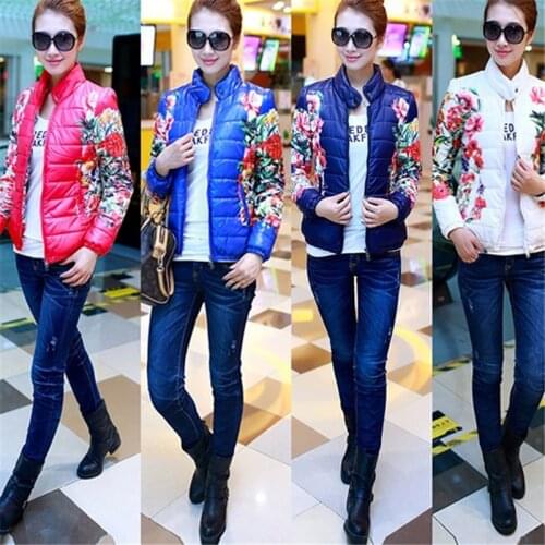 Lightweight Women Long Sleeved Floral Printed Short Down Jacket Cotton Padded Coat Outwear S-XXL