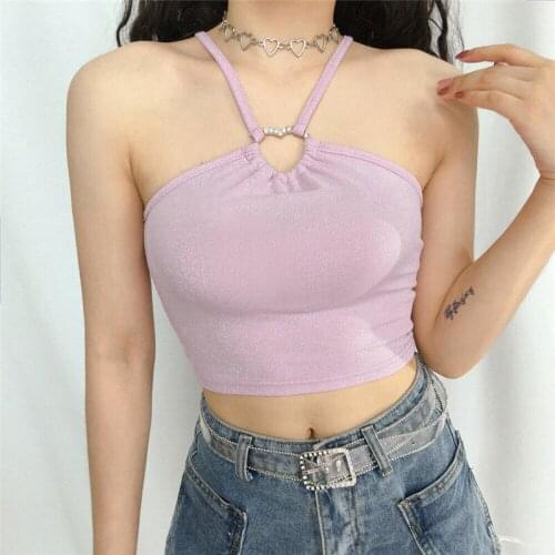 Summer Women Camis Sequin Halter Neck Tanks Tops Sexy Strapless Solid Slim Vest Top Ladies Pink Camisole Female T Shirt Camis