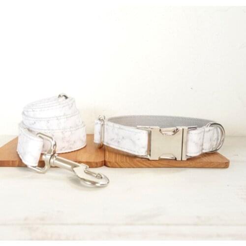 Customized Dog Engraved Puppy ID Tag Pet Leash Collar Set Adjustable Outdoor Fabric Unique Style Print 5 Size The White Marble