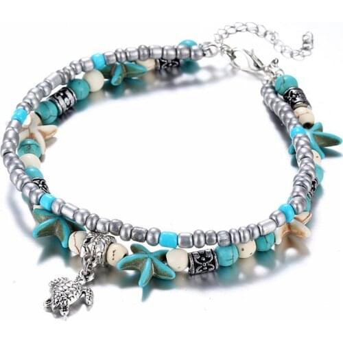 Double Layer Turtle Anklet Boho Retro Starfish Foot Anklets Ornaments Sandal Antique Pendant Bracelet Fashion Jewelry Best Gift