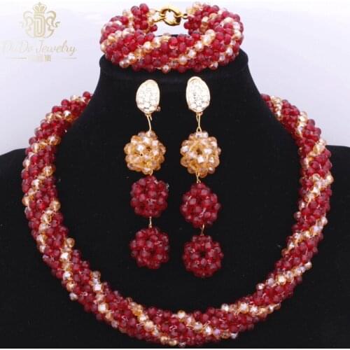 One Layer High Quality Celebrity African Nigerian Wedding Crystal Womens Beads Red And Gold Arabic Jewelry Sets For Bride 2018