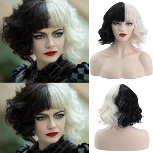 Cruella Wig Vivid Styles Wavy High Temperature Fiber Half Black Small Short Curly Cos Wig Cosplay Tools