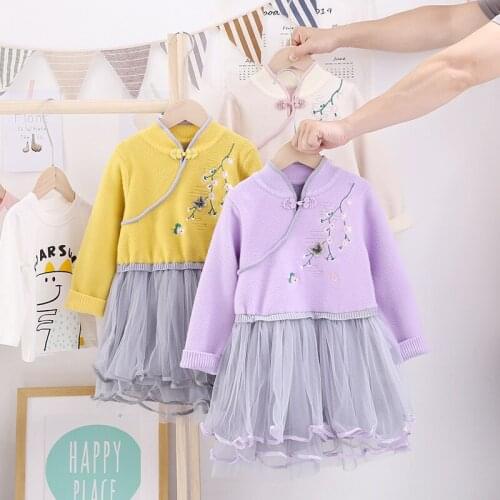 Girls Dress Mesh Patchwork Sweater Long Dresses Toddler Baby Chinese Dress Kids Embroidery Costume Autumn Winter Children Dress