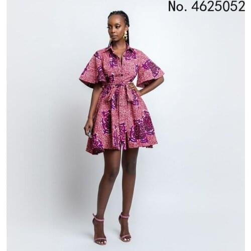 Trumpet Short-Sleeved Dress African Plus Size Womens Lapel Single-Breasted Digital Printing Fashion Casual Short Dress 2021 New