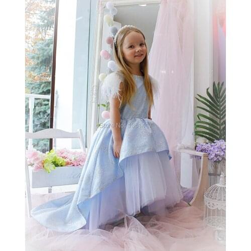 Blue High Low Flower Girl Dresses V-Back Lace Ruffles Girls Pageant Gowns Children Kids Prom Party Dresses