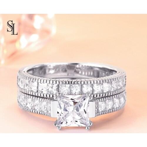 SL 2pcs Princess White Zirconia CZ Ring For Women Wedding Gift S925 Silver Bridal Rings