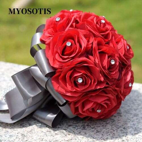 Wedding Bouquet Artificial Flower Red Roses Flowers Bridal Hand Holder Party Festival Home Decoration